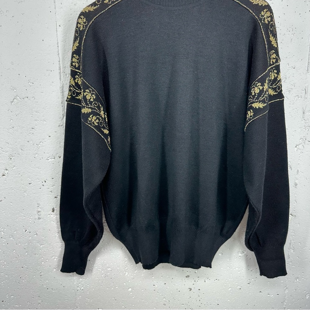 Vintage David Meister Large Wool Blend Black Metallic Gold Turtleneck Sweater - Picture 3 of 15